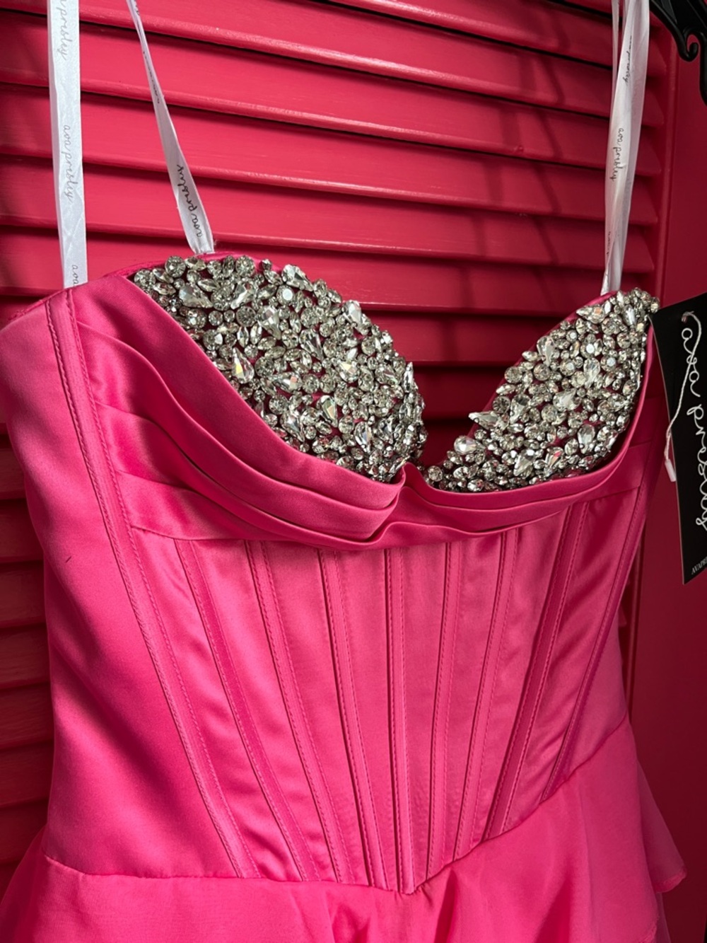 Beaded Bust Hot Pink Tiered Ruffle Prom Dress - Picture 3 of 16